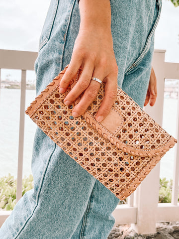 Leather and Rattan Mesh Clutch